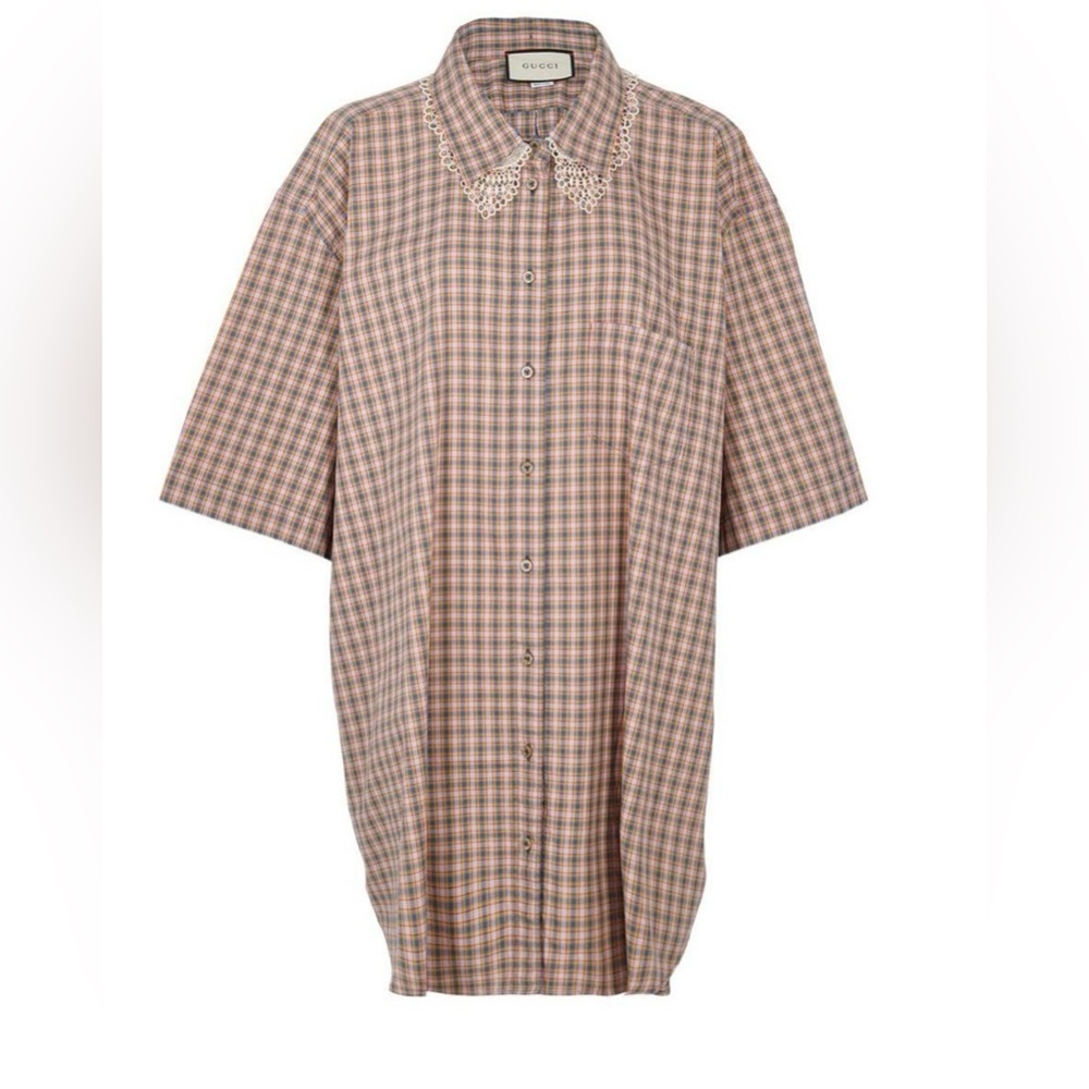 Gucci Womens Plaid Shirt Dress - Brown and Pink